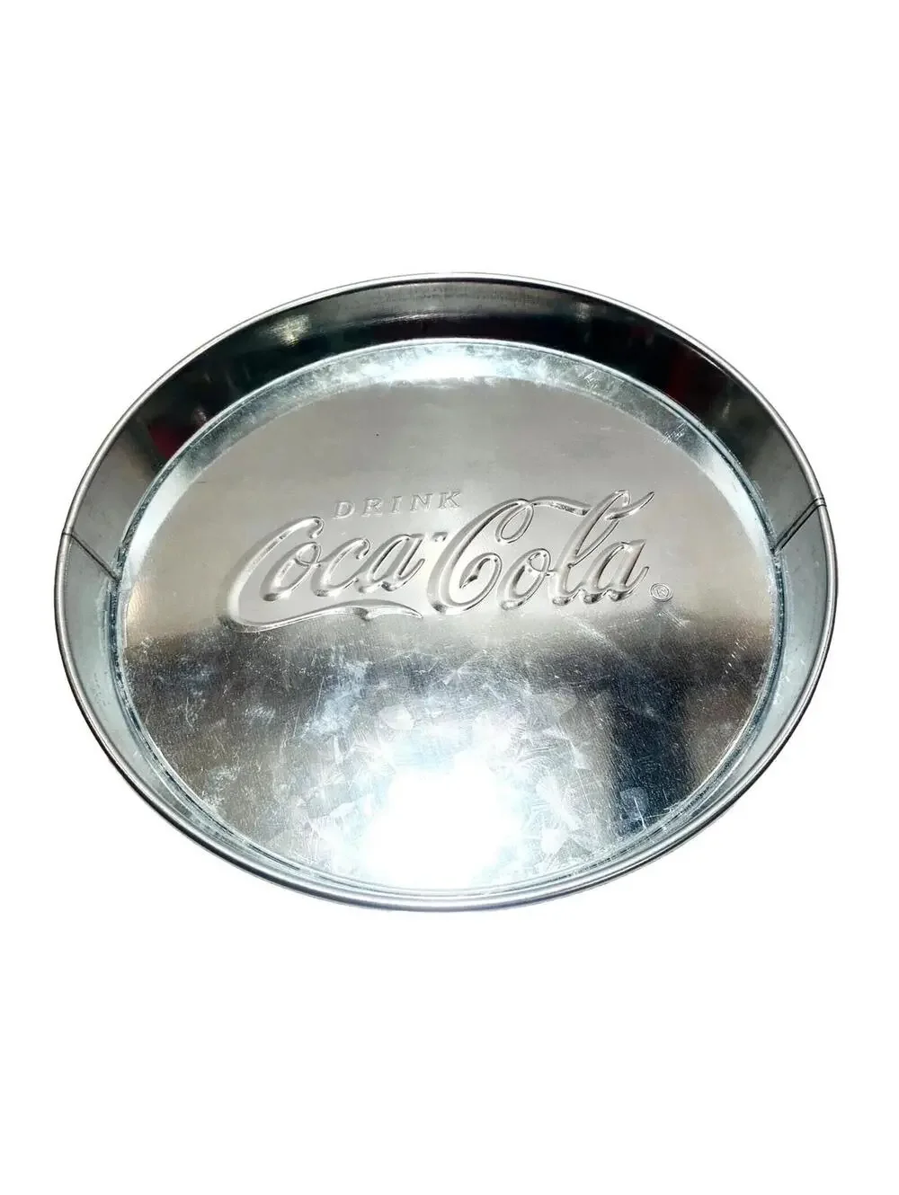 Coca Cola Chrome Silver Tin Tray Retro Coke Circle VTG Kitchen Decor Memorabilia